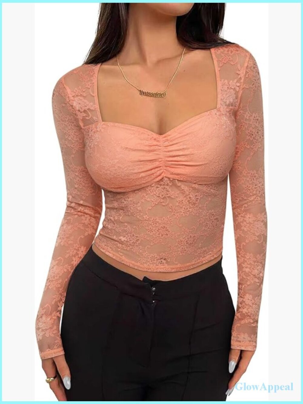 Sheer Mesh Lace Long Sleeve Tee Going Out Blouse Square Neck Slim Fit